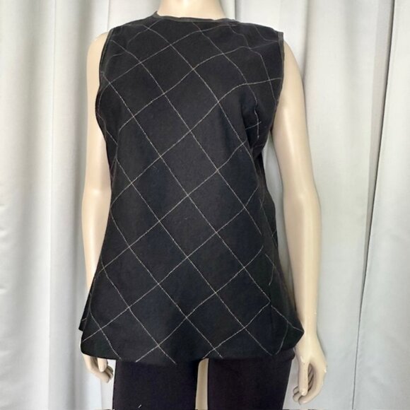 RALPH LAUREN - Black Wool Windowpane Plaid Leather Trim Sleeveless Top 14 - Picture 1 of 7